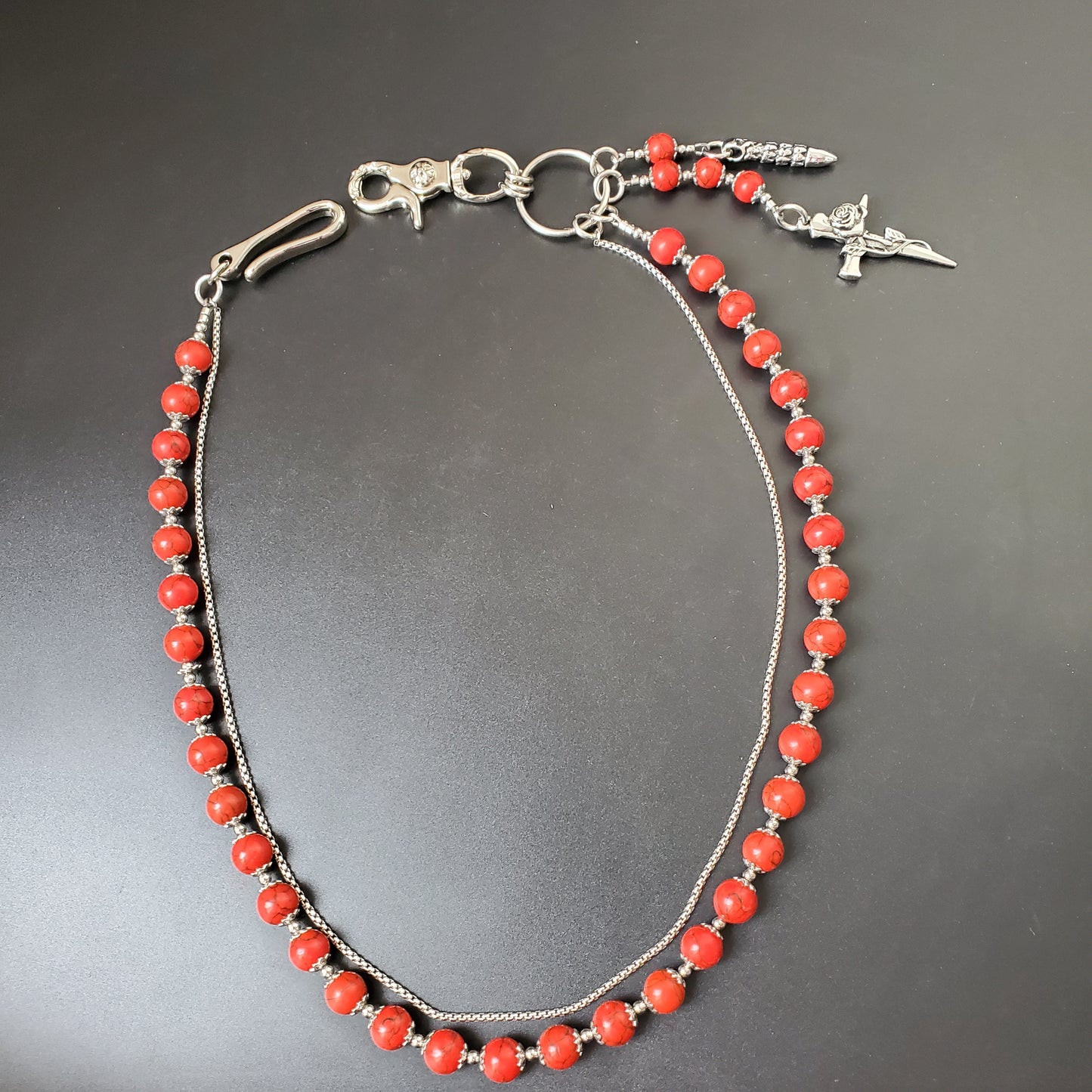 Red Cracked Stone Round Beads Wallet Silver Chain,Jeans Chain,Handmade Gothiic Punk Pants Chain,Biker Wallet Chain
