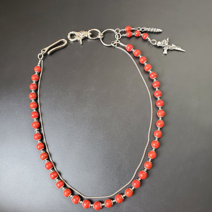 Red Cracked Stone Round Beads Wallet Silver Chain,Jeans Chain,Handmade Gothiic Punk Pants Chain,Biker Wallet Chain