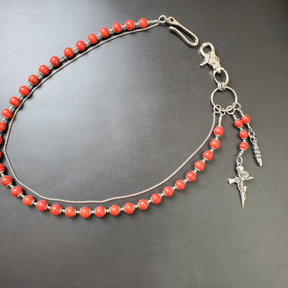 Red Cracked Stone Round Beads Wallet Silver Chain,Jeans Chain,Handmade Gothiic Punk Pants Chain,Biker Wallet Chain