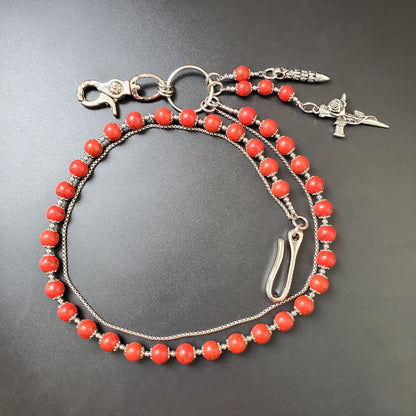 Red Cracked Stone Round Beads Wallet Silver Chain,Jeans Chain,Handmade Gothiic Punk Pants Chain,Biker Wallet Chain