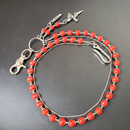 Red Cracked Stone Round Beads Wallet Silver Chain,Jeans Chain,Handmade Gothiic Punk Pants Chain,Biker Wallet Chain