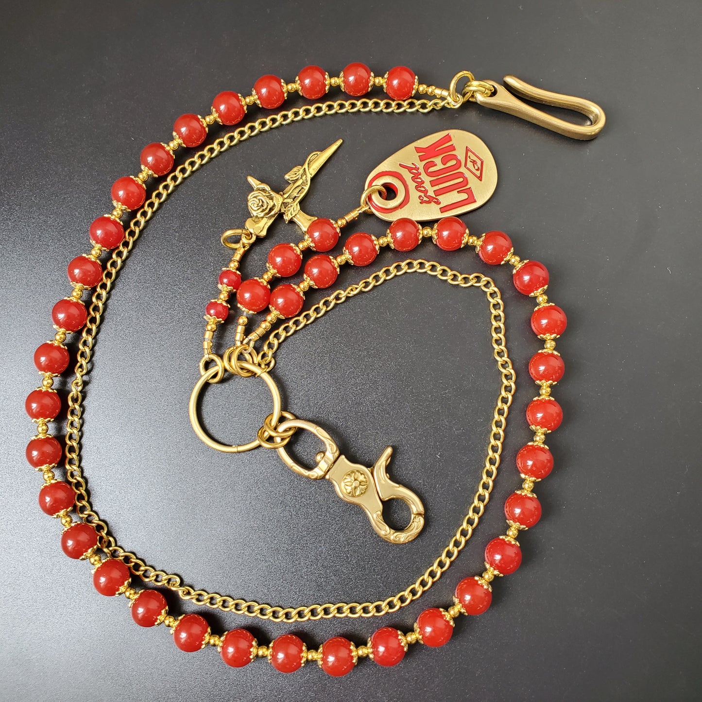 Red Chalcedony Stone Round Beads Wallet Gold Chain,Jeans Chain,Handmade Gothiic Punk Pants Chain,Biker Wallet Chain