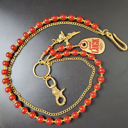 Red Chalcedony Stone Round Beads Wallet Gold Chain,Jeans Chain,Handmade Gothiic Punk Pants Chain,Biker Wallet Chain