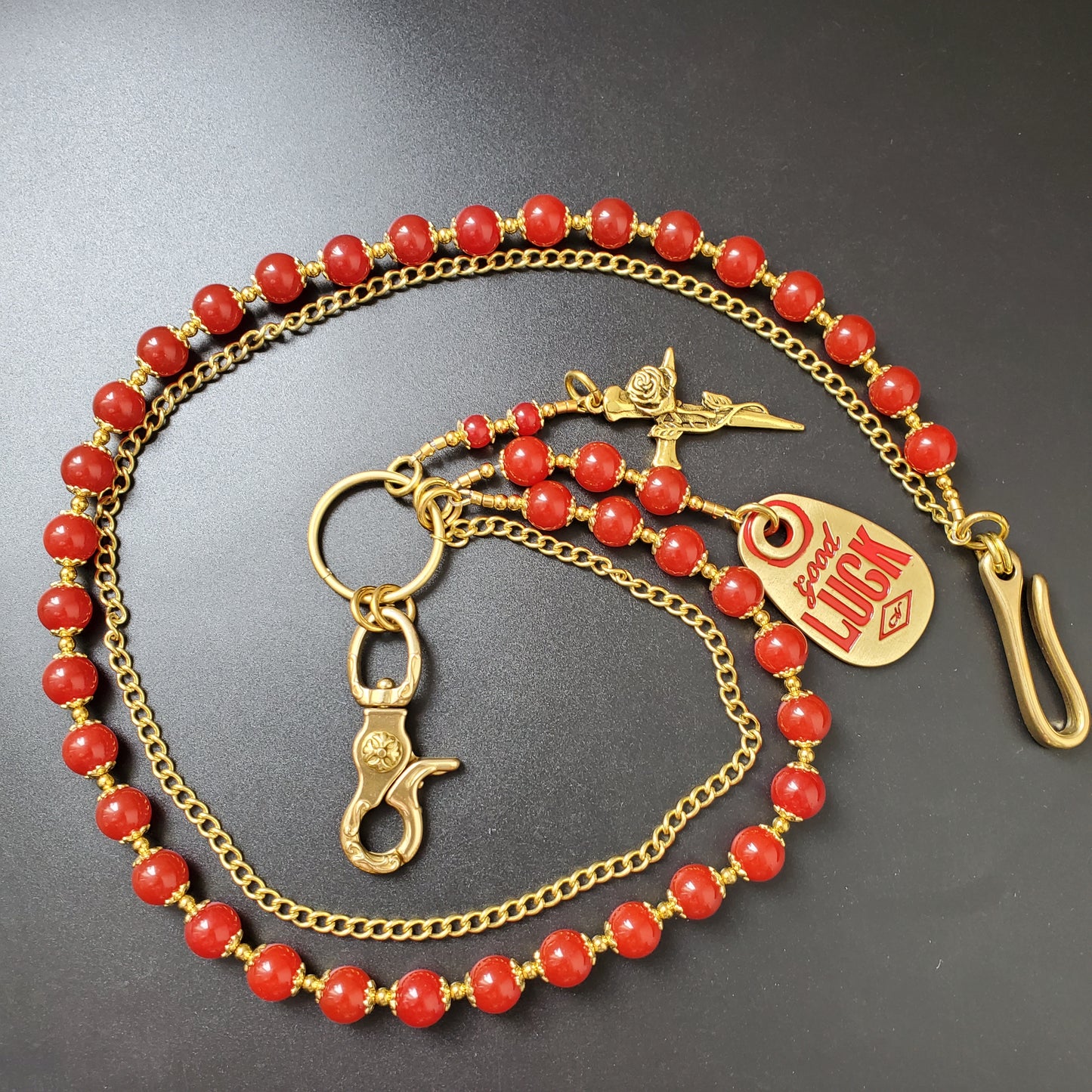 Red Chalcedony Stone Round Beads Wallet Gold Chain,Jeans Chain,Handmade Gothiic Punk Pants Chain,Biker Wallet Chain