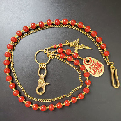 Red Chalcedony Stone Round Beads Wallet Gold Chain,Jeans Chain,Handmade Gothiic Punk Pants Chain,Biker Wallet Chain