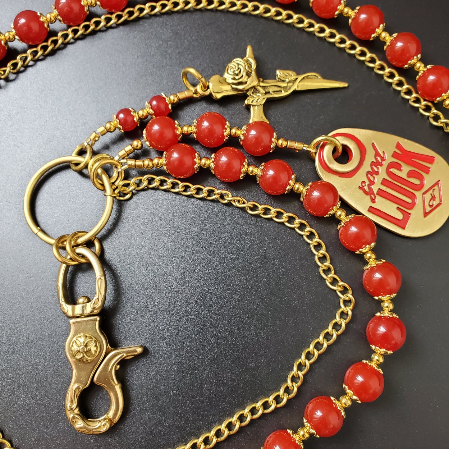 Red Chalcedony Stone Round Beads Wallet Gold Chain,Jeans Chain,Handmade Gothiic Punk Pants Chain,Biker Wallet Chain