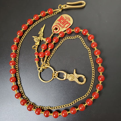 Red Chalcedony Stone Round Beads Wallet Gold Chain,Jeans Chain,Handmade Gothiic Punk Pants Chain,Biker Wallet Chain