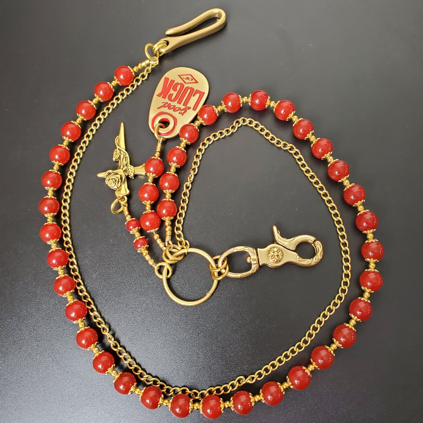 Red Chalcedony Stone Round Beads Wallet Gold Chain,Jeans Chain,Handmade Gothiic Punk Pants Chain,Biker Wallet Chain