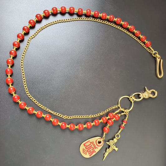 Red Chalcedony Stone Round Beads Wallet Gold Chain,Jeans Chain,Handmade Gothiic Punk Pants Chain,Biker Wallet Chain