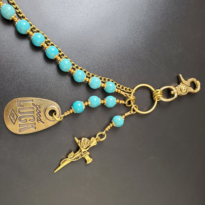 Blue Cracked Stone Round Beads Wallet Gold Chain,Jeans Chain,Handmade Gothiic Punk Pants Chain,Biker Wallet Chain