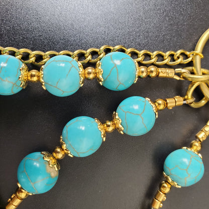 Blue Cracked Stone Round Beads Wallet Gold Chain,Jeans Chain,Handmade Gothiic Punk Pants Chain,Biker Wallet Chain