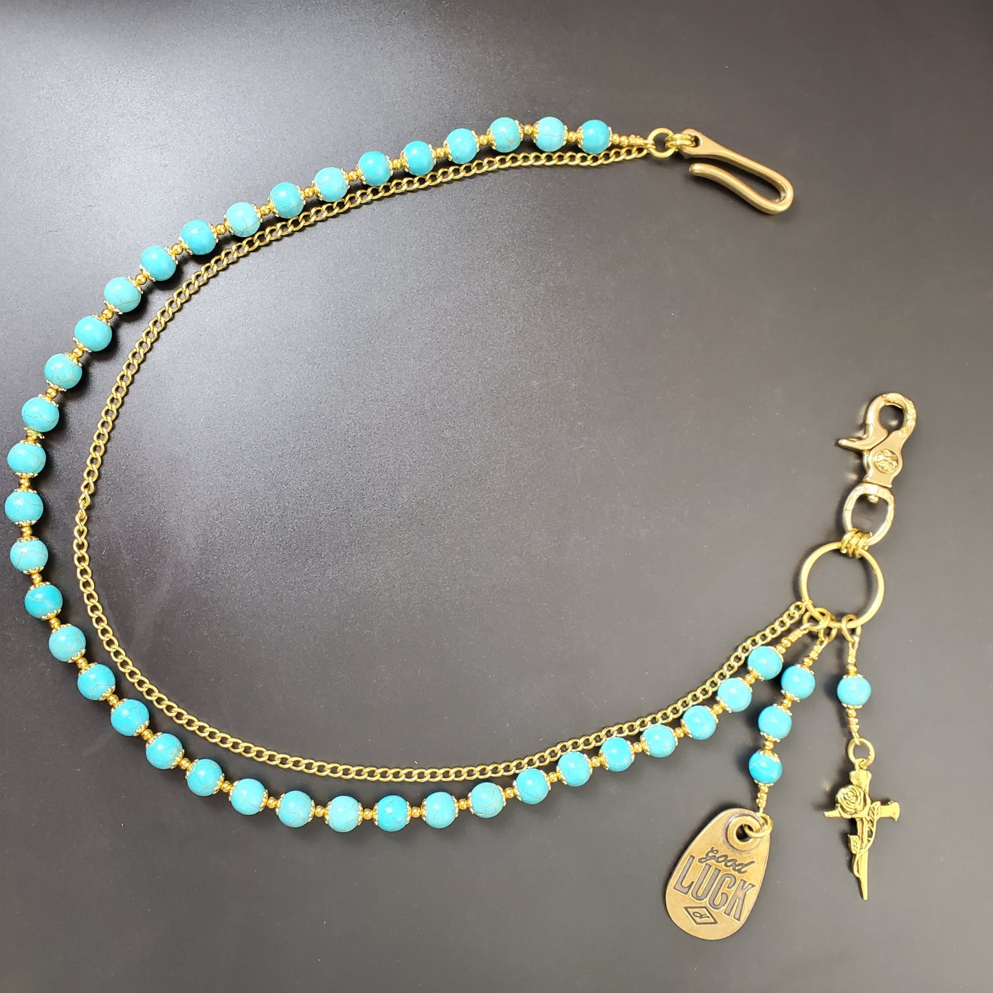 Blue Cracked Stone Round Beads Wallet Gold Chain,Jeans Chain,Handmade Gothiic Punk Pants Chain,Biker Wallet Chain