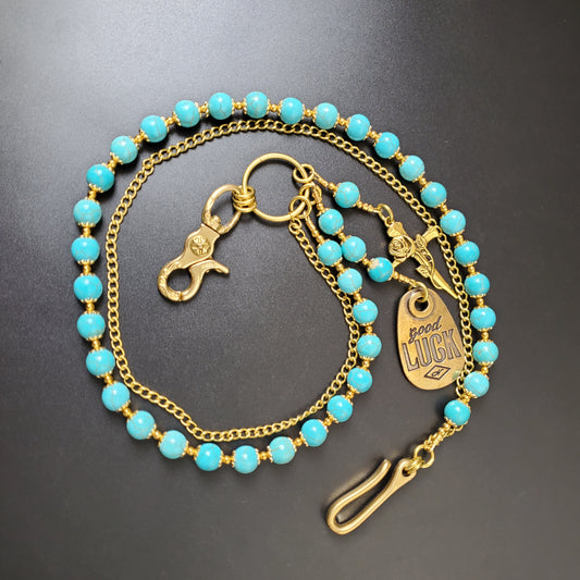 Blue Cracked Stone Round Beads Wallet Gold Chain,Jeans Chain,Handmade Gothiic Punk Pants Chain,Biker Wallet Chain