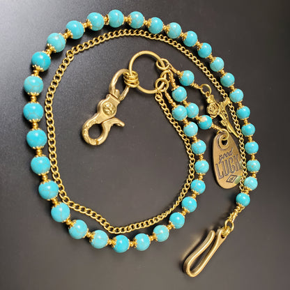 Blue Cracked Stone Round Beads Wallet Gold Chain,Jeans Chain,Handmade Gothiic Punk Pants Chain,Biker Wallet Chain