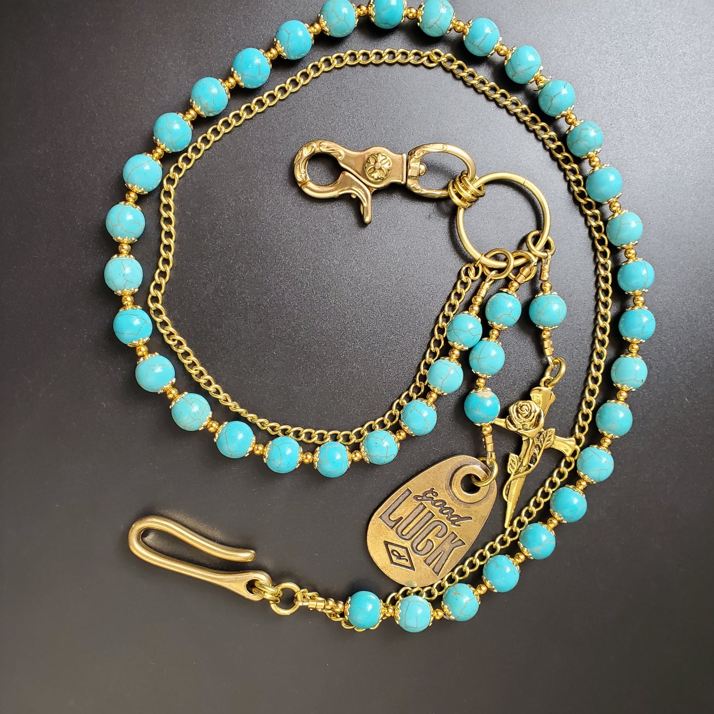 Blue Cracked Stone Round Beads Wallet Gold Chain,Jeans Chain,Handmade Gothiic Punk Pants Chain,Biker Wallet Chain