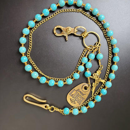 Blue Cracked Stone Round Beads Wallet Gold Chain,Jeans Chain,Handmade Gothiic Punk Pants Chain,Biker Wallet Chain