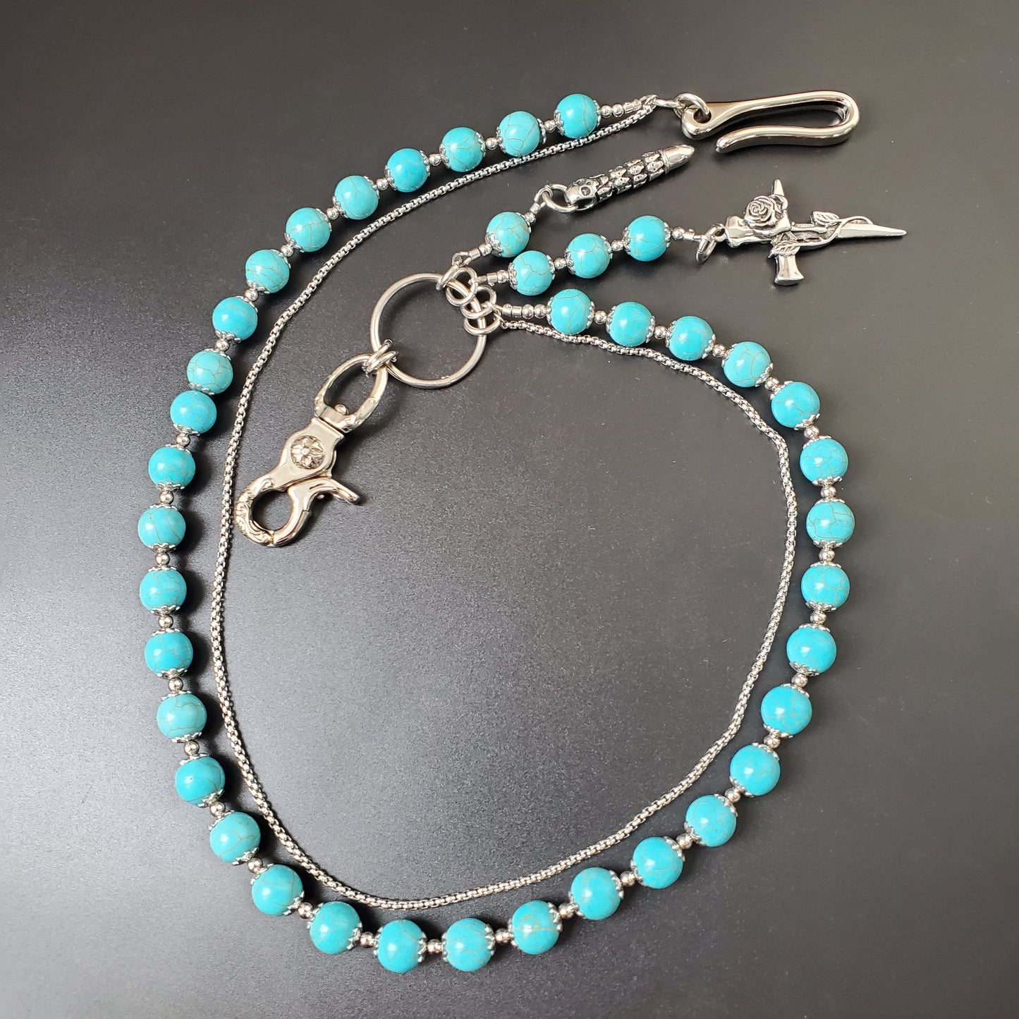 Blue Cracked Stone Round Beads Wallet Silver Chain,Jeans Chain,Handmade Gothiic Punk Pants Chain,Biker Wallet Chain