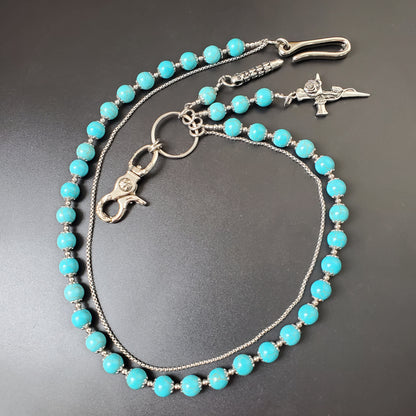 Blue Cracked Stone Round Beads Wallet Silver Chain,Jeans Chain,Handmade Gothiic Punk Pants Chain,Biker Wallet Chain