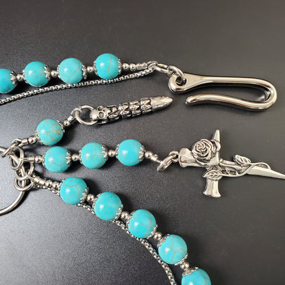 Blue Cracked Stone Round Beads Wallet Silver Chain,Jeans Chain,Handmade Gothiic Punk Pants Chain,Biker Wallet Chain