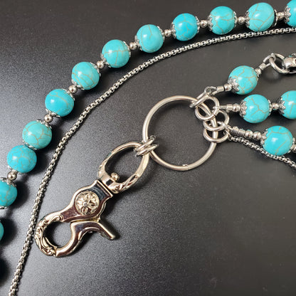 Blue Cracked Stone Round Beads Wallet Silver Chain,Jeans Chain,Handmade Gothiic Punk Pants Chain,Biker Wallet Chain