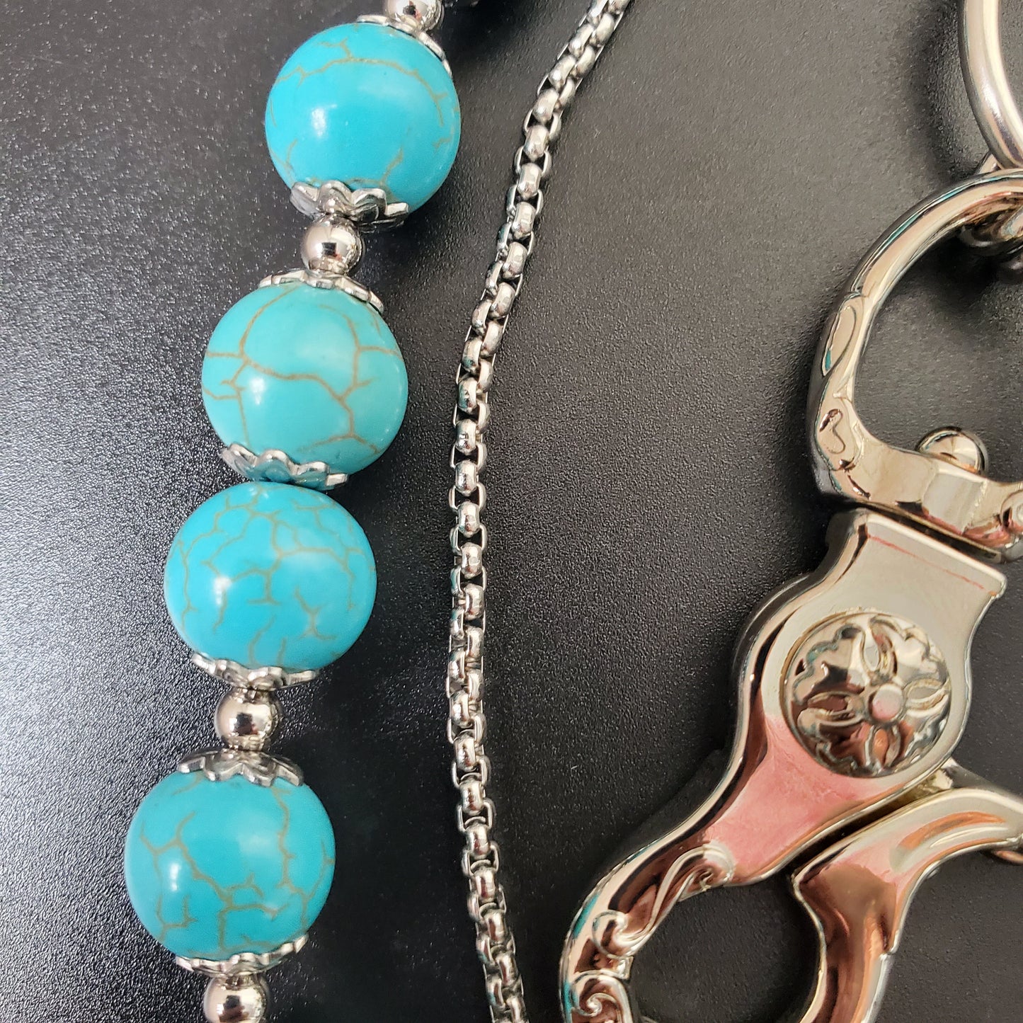 Blue Cracked Stone Round Beads Wallet Silver Chain,Jeans Chain,Handmade Gothiic Punk Pants Chain,Biker Wallet Chain