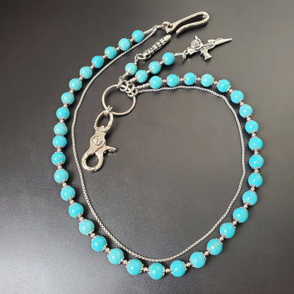 Blue Cracked Stone Round Beads Wallet Silver Chain,Jeans Chain,Handmade Gothiic Punk Pants Chain,Biker Wallet Chain