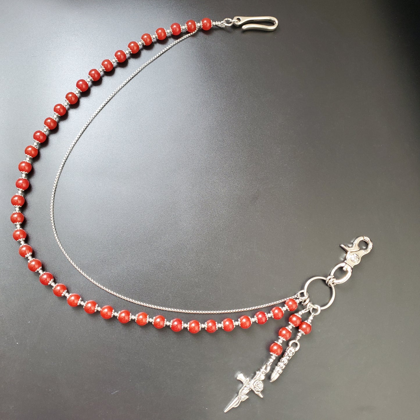 Red Chalcedony Stone Round Beads Wallet Silver Chain,Jeans Chain,Handmade Gothiic Punk Pants Chain,Biker Wallet Chain