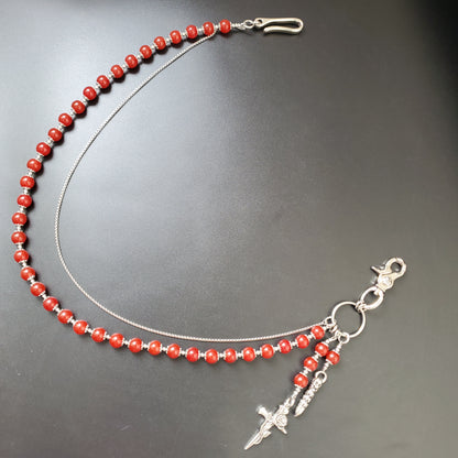 Red Chalcedony Stone Round Beads Wallet Silver Chain,Jeans Chain,Handmade Gothiic Punk Pants Chain,Biker Wallet Chain