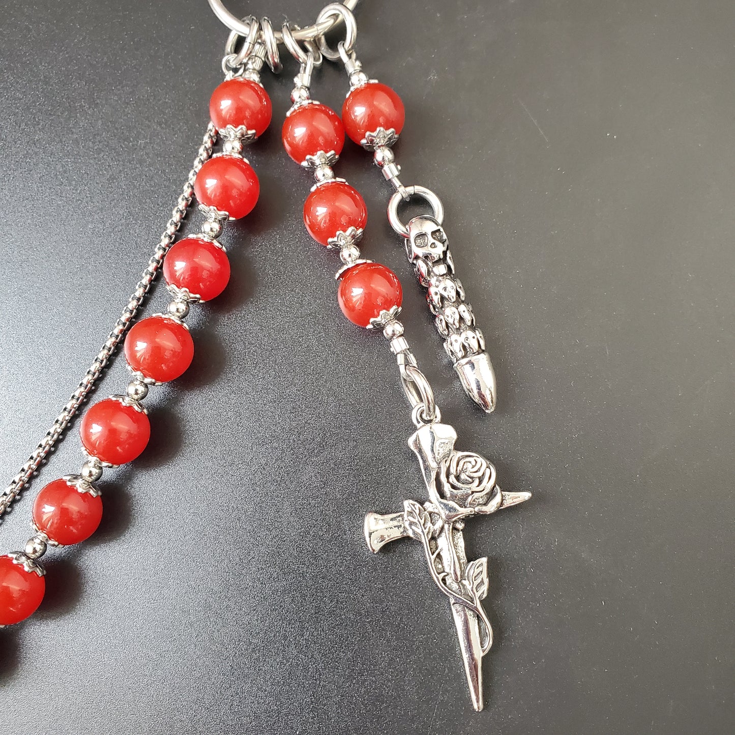 Red Chalcedony Stone Round Beads Wallet Silver Chain,Jeans Chain,Handmade Gothiic Punk Pants Chain,Biker Wallet Chain