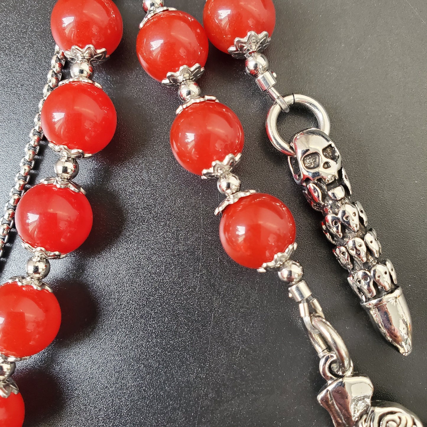 Red Chalcedony Stone Round Beads Wallet Silver Chain,Jeans Chain,Handmade Gothiic Punk Pants Chain,Biker Wallet Chain