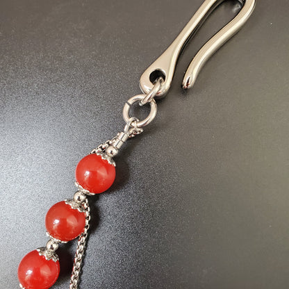 Red Chalcedony Stone Round Beads Wallet Silver Chain,Jeans Chain,Handmade Gothiic Punk Pants Chain,Biker Wallet Chain