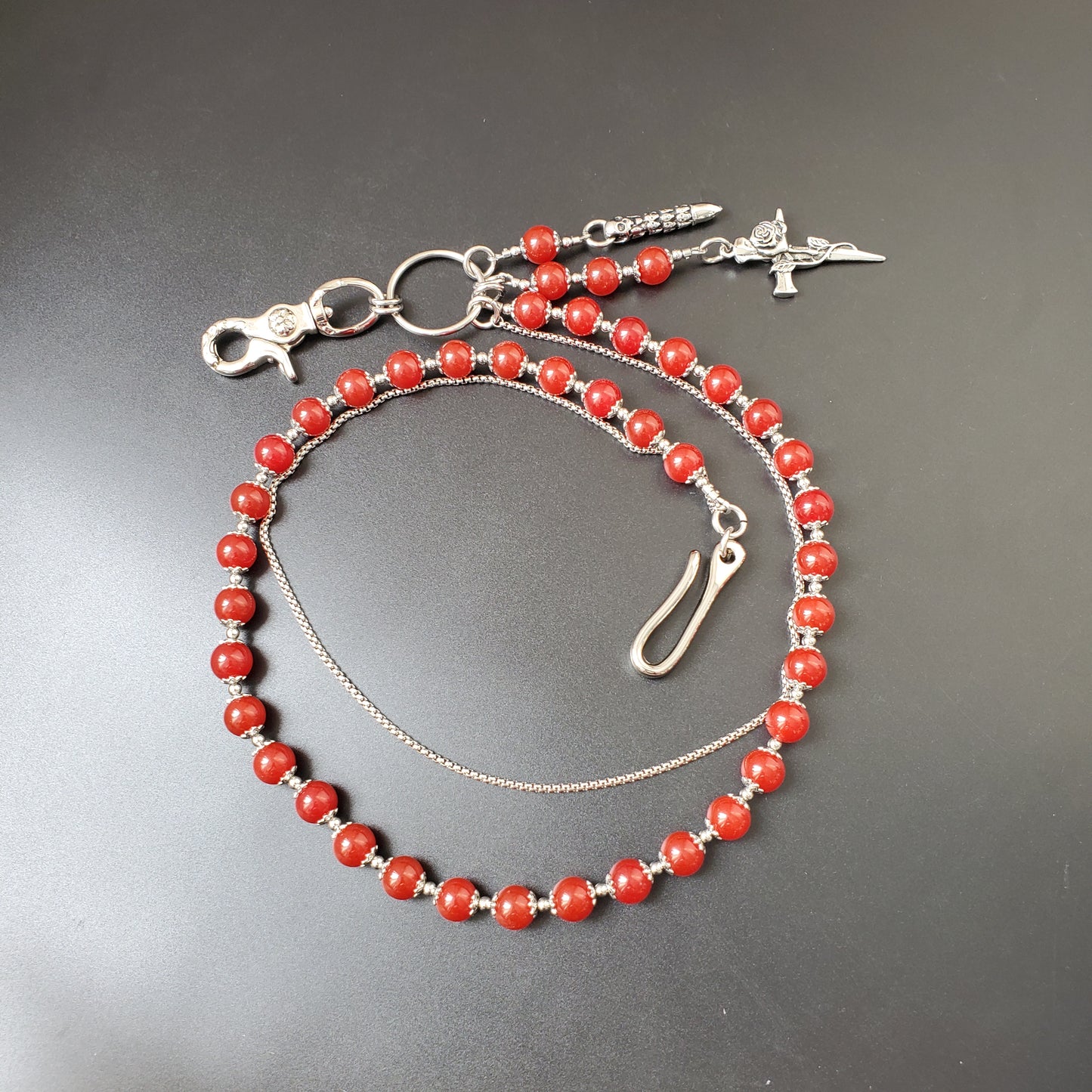 Red Chalcedony Stone Round Beads Wallet Silver Chain,Jeans Chain,Handmade Gothiic Punk Pants Chain,Biker Wallet Chain