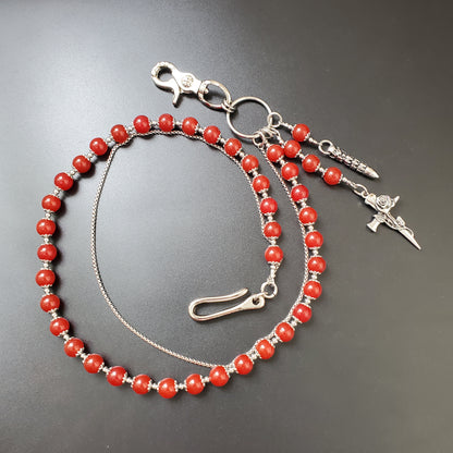 Red Chalcedony Stone Round Beads Wallet Silver Chain,Jeans Chain,Handmade Gothiic Punk Pants Chain,Biker Wallet Chain