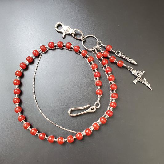 Red Chalcedony Stone Round Beads Wallet Silver Chain,Jeans Chain,Handmade Gothiic Punk Pants Chain,Biker Wallet Chain