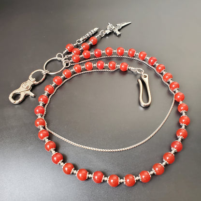 Red Chalcedony Stone Round Beads Wallet Silver Chain,Jeans Chain,Handmade Gothiic Punk Pants Chain,Biker Wallet Chain
