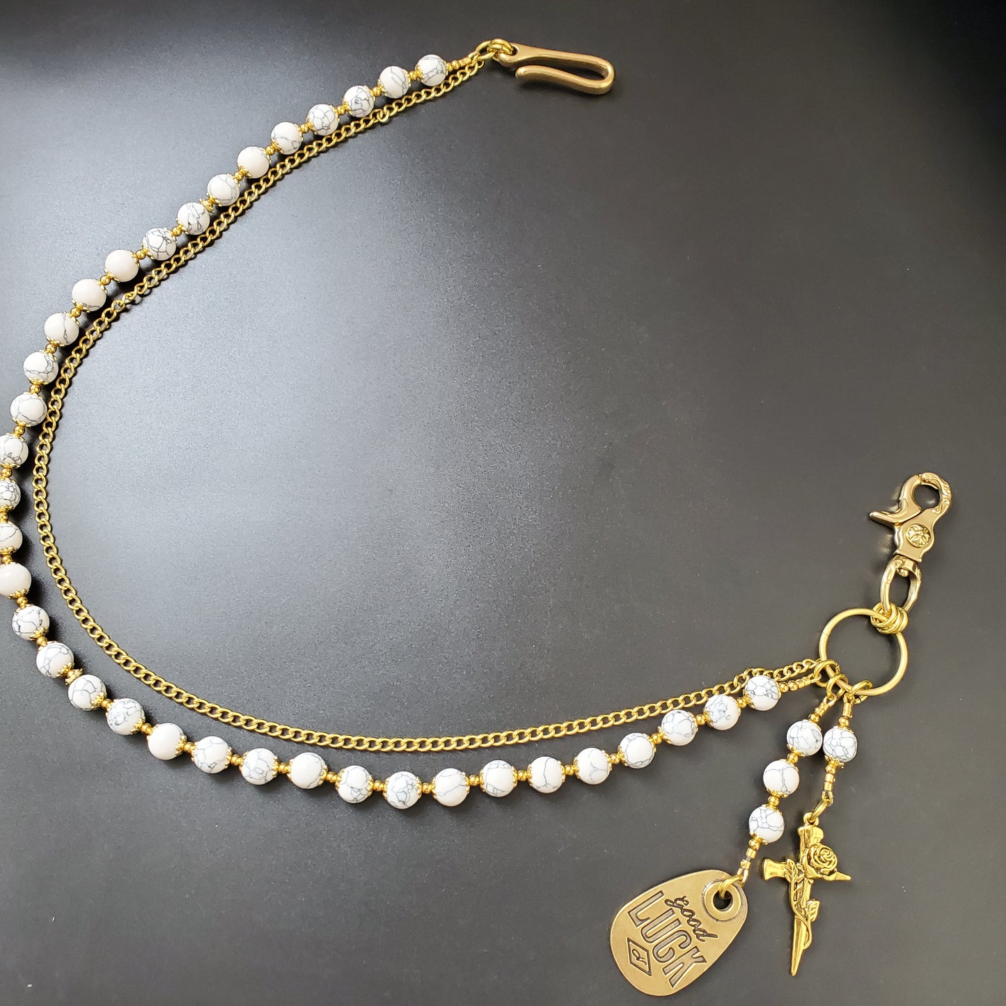 White Cracked Stone Round Beads Wallet Gold Chain,Jeans Chain,Handmade Gothiic Punk Pants Chain,Biker Wallet Chain