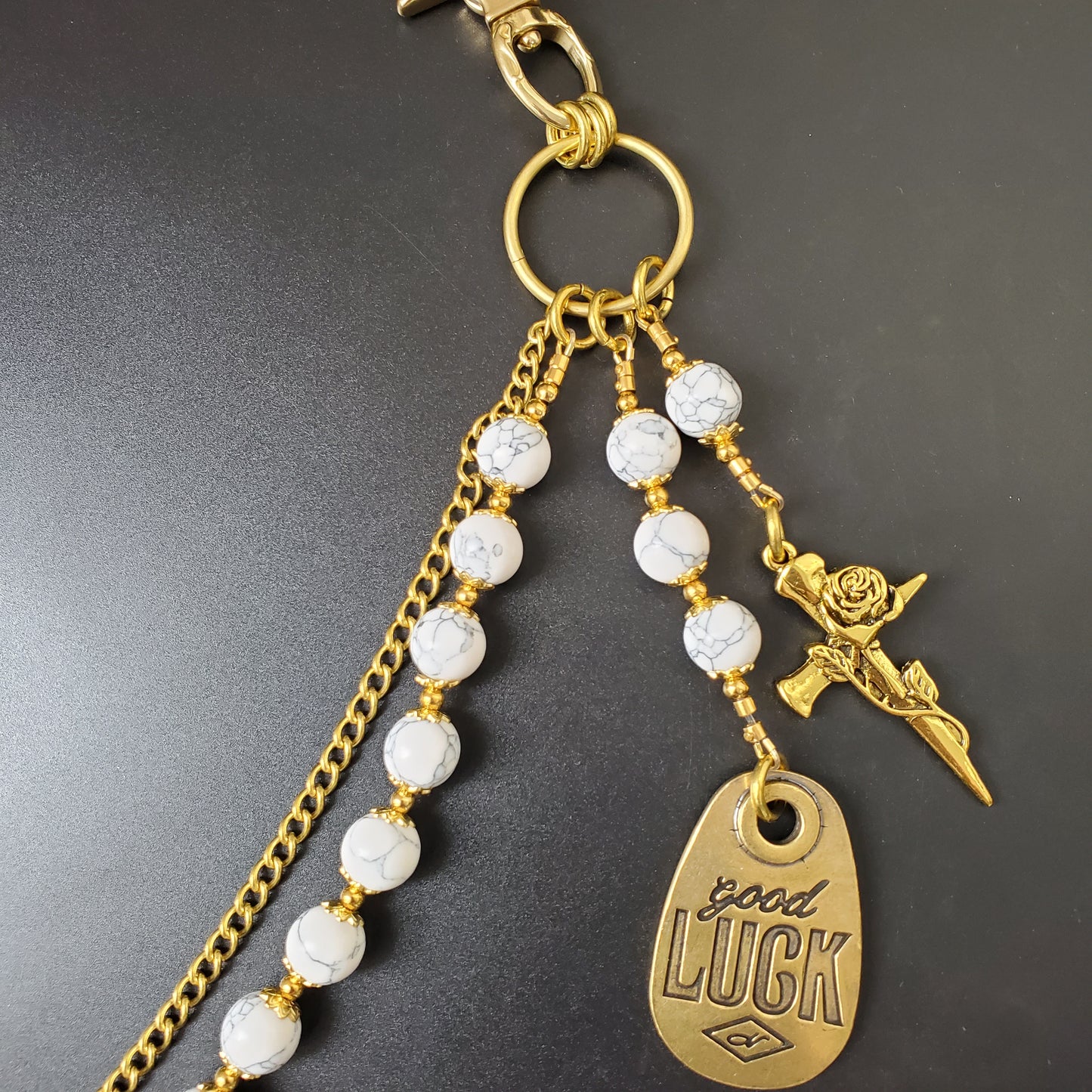 White Cracked Stone Round Beads Wallet Gold Chain,Jeans Chain,Handmade Gothiic Punk Pants Chain,Biker Wallet Chain