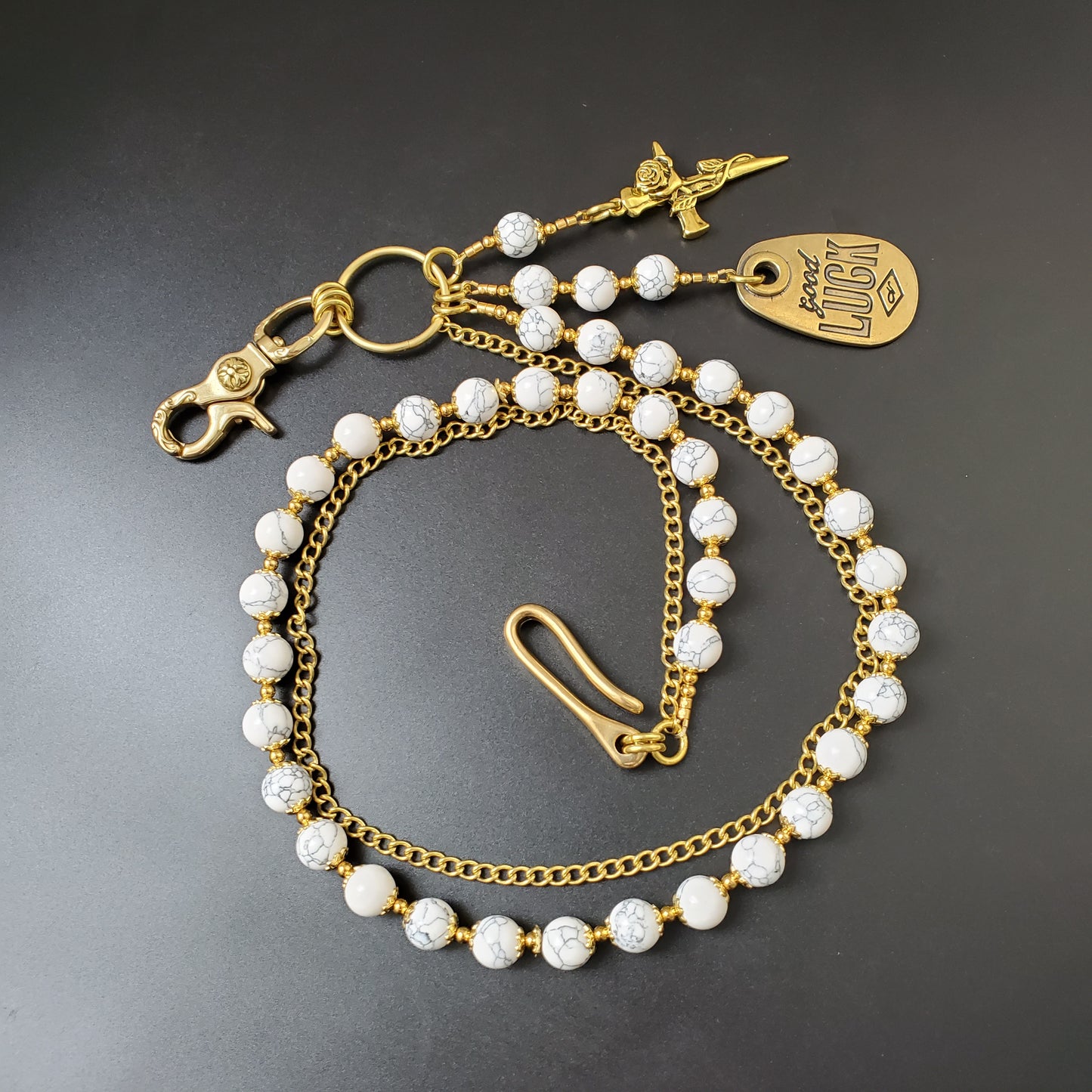 White Cracked Stone Round Beads Wallet Gold Chain,Jeans Chain,Handmade Gothiic Punk Pants Chain,Biker Wallet Chain
