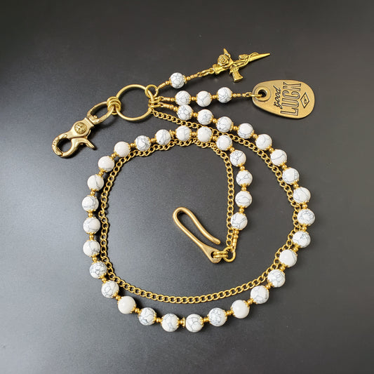 White Cracked Stone Round Beads Wallet Gold Chain,Jeans Chain,Handmade Gothiic Punk Pants Chain,Biker Wallet Chain