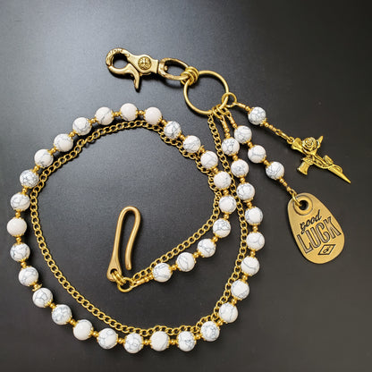 White Cracked Stone Round Beads Wallet Gold Chain,Jeans Chain,Handmade Gothiic Punk Pants Chain,Biker Wallet Chain