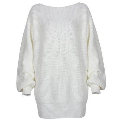 Autumn and Winter Long-sleeved One-shoulder Casual Loose Knitted Sweater Dress for Women