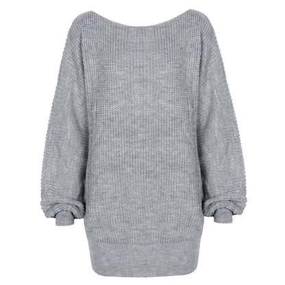 Autumn and Winter Long-sleeved One-shoulder Casual Loose Knitted Sweater Dress for Women