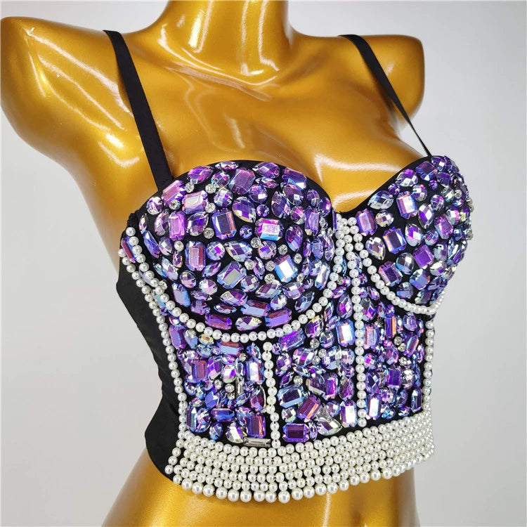 Burning Man Rave Festival Rhinestones Embellished Bustier Corset Top Bra Party Clothing 36106