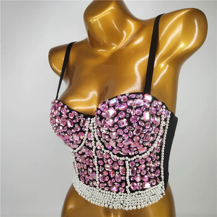 Burning Man Rave Festival Rhinestones Embellished Bustier Corset Top Bra Party Clothing 36109