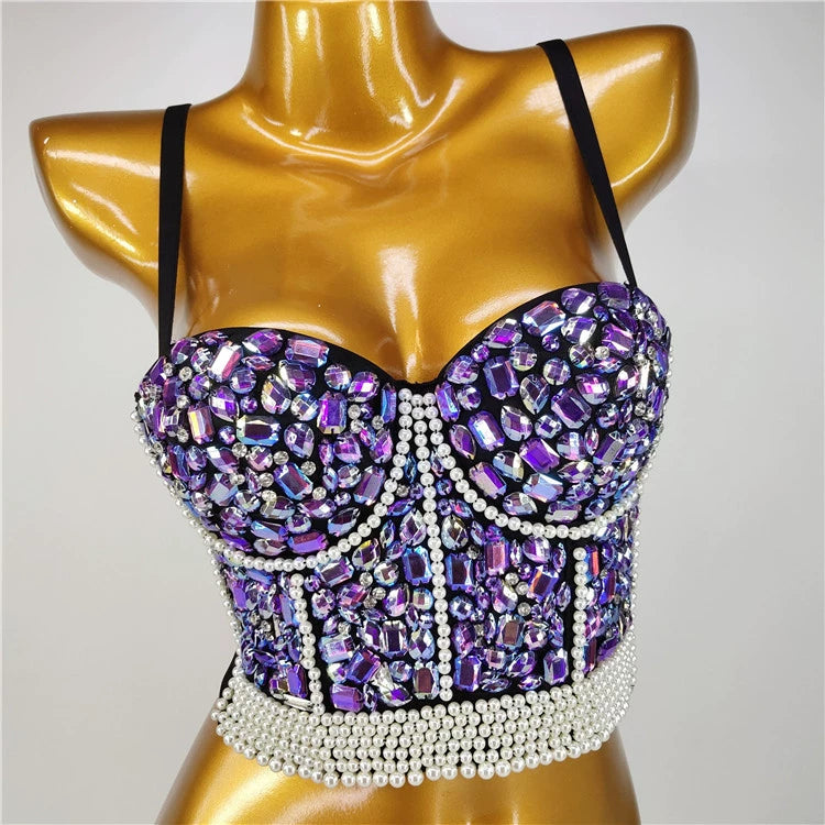 Burning Man Rave Festival Rhinestones Embellished Bustier Corset Top Bra Party Clothing 36106