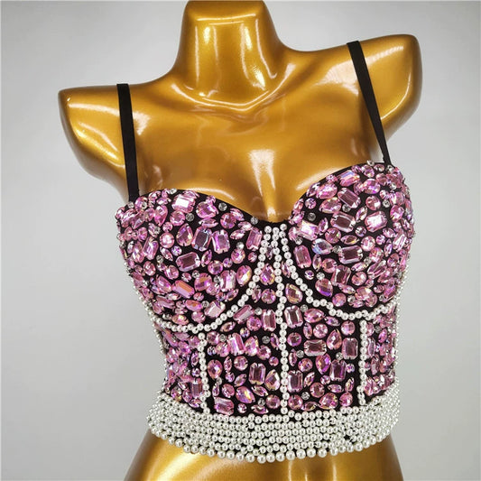 Burning Man Rave Festival Rhinestones Embellished Bustier Corset Top Bra Party Clothing 36109