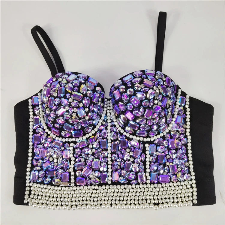 Burning Man Rave Festival Rhinestones Embellished Bustier Corset Top Bra Party Clothing 36106