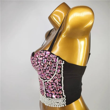 Burning Man Rave Festival Rhinestones Embellished Bustier Corset Top Bra Party Clothing 36109