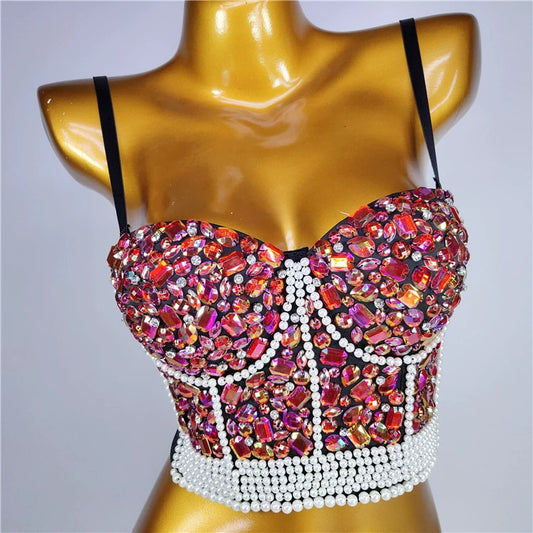 Burning Man Rave Festival Rhinestones Embellished Bustier Corset Top Bra Party Clothing 36107