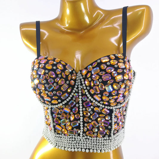 Burning Man Rave Festival Rhinestones Embellished Bustier Corset Top Bra Party Clothing 36108